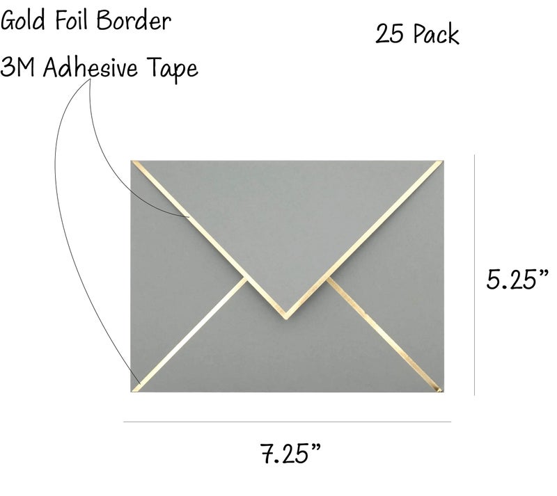 CHRIZ.Z A7 Envelopes - V Flap Foil Border Luxury Mailing Envelopes for 5"" x 7"" Cards - for Wedding, Invitations, Baby Shower, Photos, Graduation, Birthday, Bridal Shower - 5.25"" x 7.25"" (Grey, 25 Pack) - Image 2